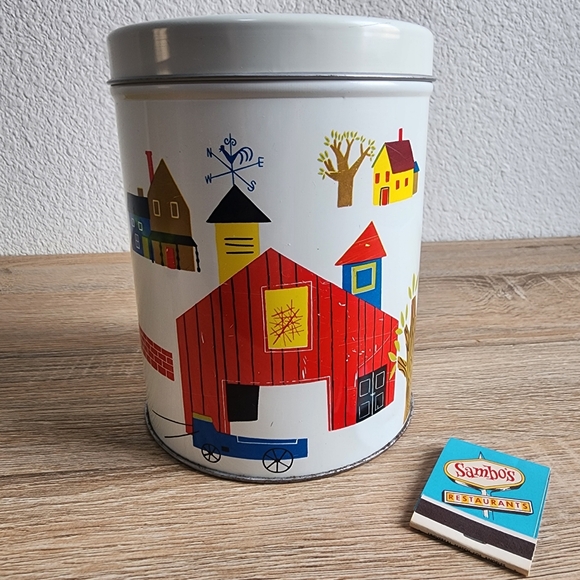 American Vintage Other - 60s 70s VINTAGE Pennsylvania Dutch Lidded Candy Tin Canister Country Rural Farm